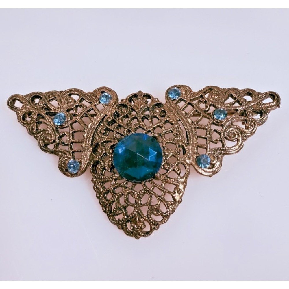 Vintage Gold Tone Brooch Blue Rhinestones Art Deco Filigree 2.75x1.75 in